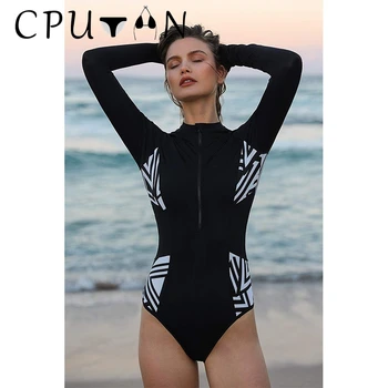 CPUTAN 2024 Black En Kos Kopalke Ženska Šport Long Sleeve Kopalke Izpuščaj Stražar Plažo Monokini Print Deskanje, Plavanje Obleko