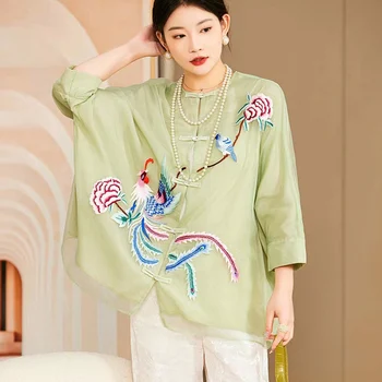 Visoko Kakovost Pomlad Poletje Kitajski Slog Phoenix Vezenje Fashion Majica Ženske Svoboden Gospa O-Vrat, Zapestje Rokav Vrh S-XXL