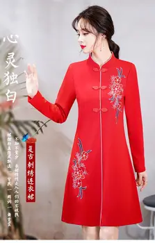 Jeseni Novi Kitajski Malo Maščob, Veliko Žensk Retro Vezene Obleko Kitajska-Elegantna Cheongsam Rdeče Krilo Ženske Nositi