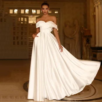 Elegantno Linijo Poročnih Oblek Za Ženske Off Ramo Žepi Poročne Obleke Prilagodite Za Ukrepe Haljo De Mariee Stunnng