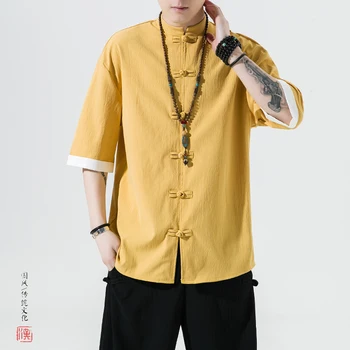 2023Summer Novi Kitajski Slog Mens Vrhovi Tang bo Ustrezala IceSilk Proti gubam Pol Sleeve Solid Tradicionalnih Kung Fu Sinicism Hanfu Majica