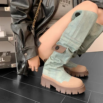 2023 nove jesensko zimske Ženske kolena-visoki škornji 22-25 CM denim+iz svinjskega moderni čevlji mešane barve Hujšanje čevlji gumb dolgo čevlji