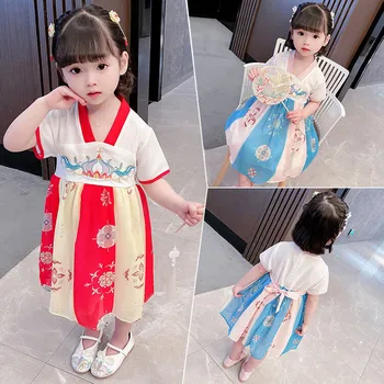 Poletje Nova Dekleta Kratek Rokav Šifon Tang Bo Ustrezala Otroci Kitajski Lep Han Fu Otrok Vezenje Tradicionalno Obleko