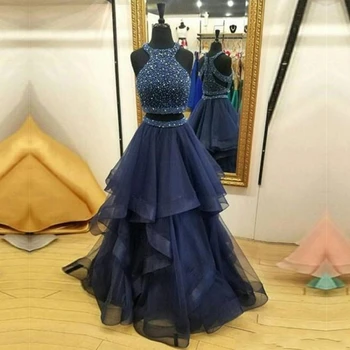 2020 Vroče Prodaje Očarljivo Dveh Kosov Mornarsko Modra Dolge Večerne Obleke Ruffles Beaded Formalno Večerne Maturantski Haljo de Soiree