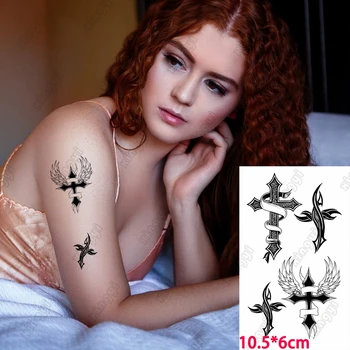 Nepremočljiva Začasni Tattoo Black Cross Totem Plamen Dvignila Krilo Stare Šole Seksi Body Art Ponaredek Tatto Flash Tattoo, za Ženske, Moške Dekle
