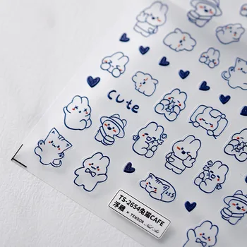 Preprosto Lepe Modre Črte Mačka, Zajec Risanka 5D Soft Reliefno Olajšav Samolepilni Nail Art Nalepke Srčkan Zajček 3D Nalepko Manikura