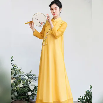 Izboljšano Cheongsam 2023 Žensk Poletje High-end Šifon Dolgo Obleko Qipao Dolge Rokave Plus Velikost Tradicionalni Kitajski Slog Hanfu