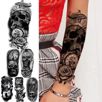 3D Realistična Lobanje Compass Rose Cvet Začasne Tetovaže Za Ženske Odraslih Vampir Lev Volk Ponaredek Tetovaže Body Art Stroj Tatoos