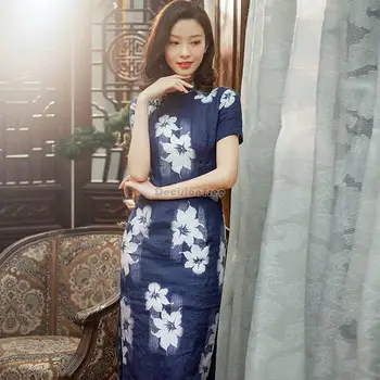 2023 kitajski kratka sleeved cheongsam izboljšano tang obleko obleko vsak dan nove poletne ženske cvet tiskanja slim dolgo qipao obleko s474
