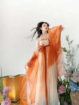 2 Slogi Vezenje Cvet Han Elementi Tang Dinastije Oranžnega Big Rokavi Jakno Poletje Starodavne Kitajske Kostum Hanfu Ženske Obleke