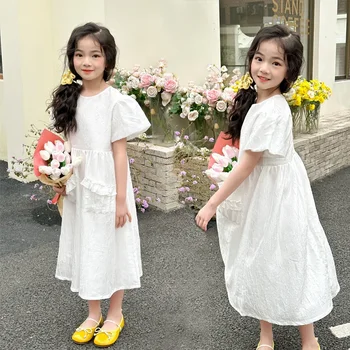 Dekleta Priložnostne Obleko 2024 Poletje Novih Otroci Oblačila Žep Otrok White Elegantna Princesa Obleke, #7460