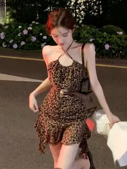 Obleke, Ženske Leopard Moda francoskem Slogu Seksi Dame Povodcem Novo A-line Poletje Oblikovanje Ulične Vse-tekmo Preprosto Slim Priljubljen