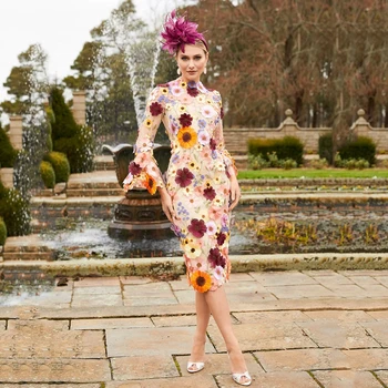 Dolge Rokave 3D Cvetlični Ženske Večerno Obleko A-Linije Elegantne Čaj Dolžina Cvetje, Poročni Gost Luksuzni Ženske Mati Nevesta Obleko