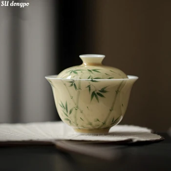Rumena Ročno poslikano Xiangfei Bambusa Gaiwan Belega Porcelana Pokrito Skledo Kitajski Slog Čaj, Set Čaj Skledo, zaradi Česar