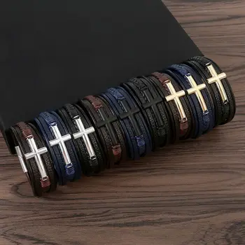 Klasična 3 Barve Križ Dekor Multi-Layer Pleteni Usnjeno Zapestnico Za Moške Punk Čar Magnetne Sponke Strani Zapestnice Nakit Darilo