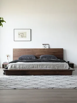 Sodobno minimalistično črni oreh Nordijska platformo postelja, tla do zgornje meje, nizka postelja, vse iz masivnega lesa queen postelja