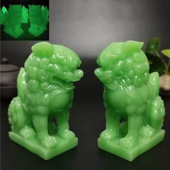 2 Kos Žareče Kitajski Lions Kip Skulpture Svetlobna umetnih Jade Kamen Živali Figurice Vrtu Okrasni Kipi Za Dom