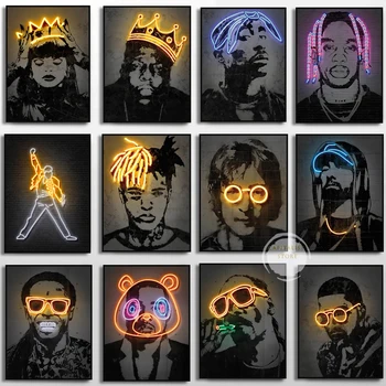 Travis Scott Biggie Tupac Rap Glasbe Star Plakat Natisne Hip Hop Rapper 2pac Platno Slikarstvo Neon Art Stenske Slike za Dom Dekor