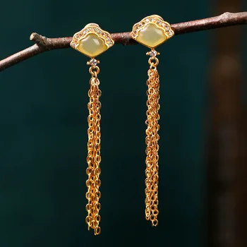 Kitajski nacionalni slog pozlačeni imitacije Hotan Jade uhani za ženske dolgo življenje ključavnice napredno luksuzni tassel uhani