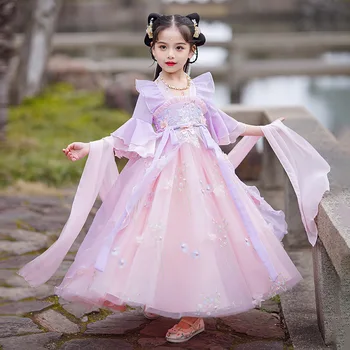 Starodavne Kitajske Kostum Aplicirano Beading Hanfu Otrok Poletje Vezenje Dekle Pravljice Stranka Fazi Obleko
